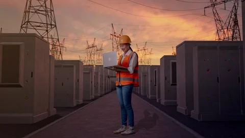 Female Engineer Working On A Laptop with High Voltage Power Stock Footage 331287292