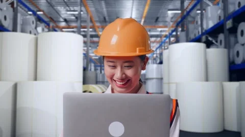 Female Engineer Working On A Laptop at Polymer Plant Stock Footage 334532209