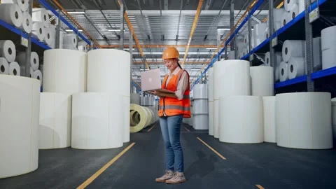 Female Engineer Working On A Laptop at Polymer Plant Stock Footage 334533718