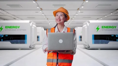 Female Engineer Working On A Laptop at Power Plant Stock Footage 333774162