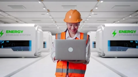 Female Engineer Working On A Laptop at Power Plant Stock Footage 333774168