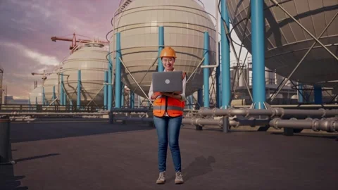 Female Engineer Working On A Laptop with Spherical Tank Stock Footage 335069874