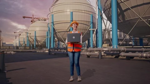 Female Engineer Working On A Laptop with Spherical Tank Stock Footage 335069888