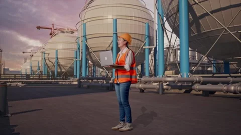 Female Engineer Working On A Laptop with Spherical Tank Stock Footage 335070082
