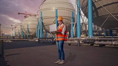 Female Engineer Working On A Laptop with Spherical Tank Stock Footage 335070144