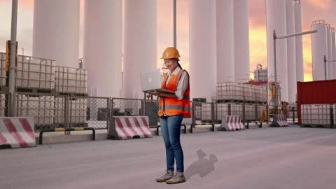 Female Engineer Working On A Laptop at Storage Facility Stock Footage 337755617