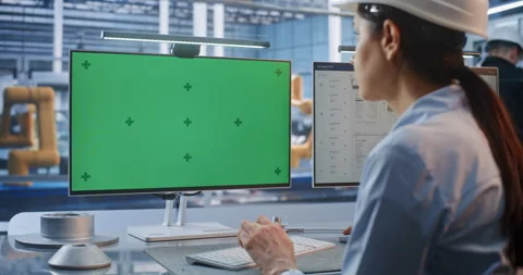 Female Engineer Working at Smart Factory Desk with Green Screen Chroma Key Stock Footage 344392823