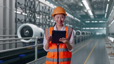 Female Engineer Working On A Tablet, Aircraft Engine Factory Video stock 314607777