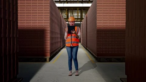 Female Engineer Working On A Tablet With Brick In Stacks Stock Footage 303763249