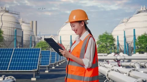 Female Engineer Working On A Tablet at Energy Complex Stock Footage 330177249