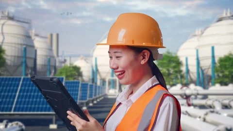 Female Engineer Working On A Tablet at Energy Complex Stock Footage 330178472