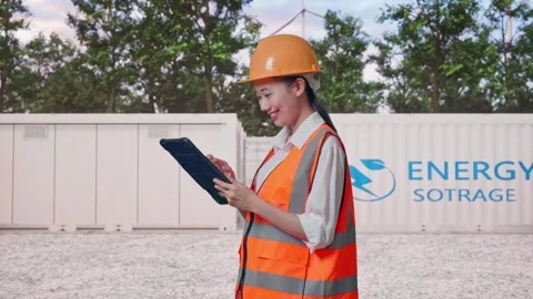 Female Engineer Working On A Tablet with Energy Storage Stock Footage 337819126