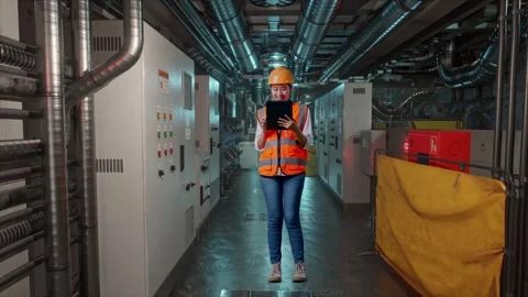 Female Engineer Working On A Tablet In Engine Control Room Stock Footage 292371181