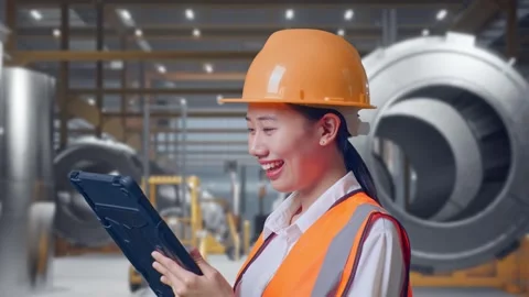 Female Engineer Working On A Tablet at Heavy Factory Stock Footage 340825311