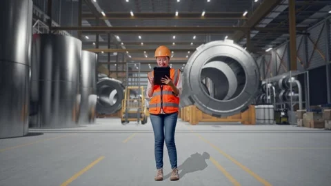 Female Engineer Working On A Tablet at Heavy Factory Stock Footage 340826060