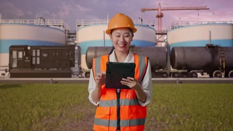 Female Engineer Working On A Tablet at Oil Refinery Stock Footage 340143167