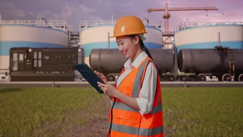 Female Engineer Working On A Tablet at Oil Refinery Stock Footage 340143404