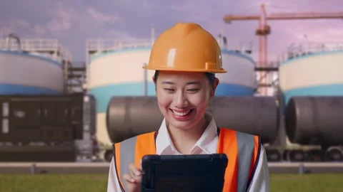 Female Engineer Working On A Tablet at Oil Refinery Stock Footage 340143873