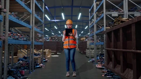Female Engineer Working On A Tablet In Scrap Warehouse Stock Footage 318074457