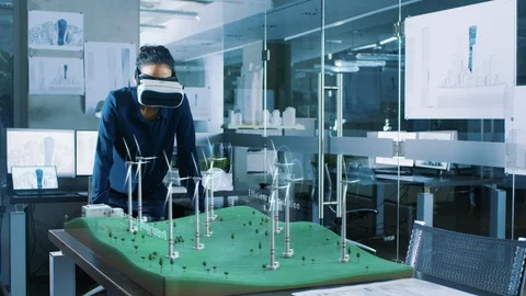 Female Engineer Works with VR Wind Turbines Stock Footage 90453634