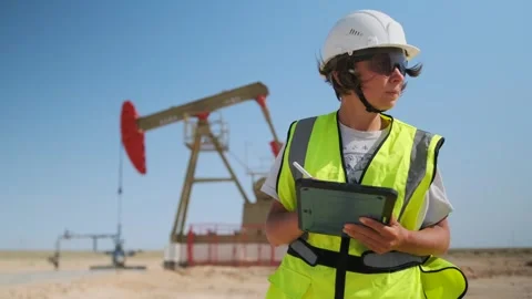 Female engineer writing on tablet at desert oilfield site Stock Footage 317252558