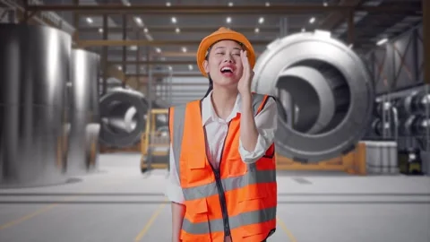 Female Engineer Yelling With Hand Over Mouth at Heavy Factory Video stock 340823112