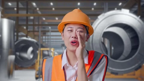 Female Engineer Yelling With Hand Over Mouth at Heavy Factory Stock Footage 340825005