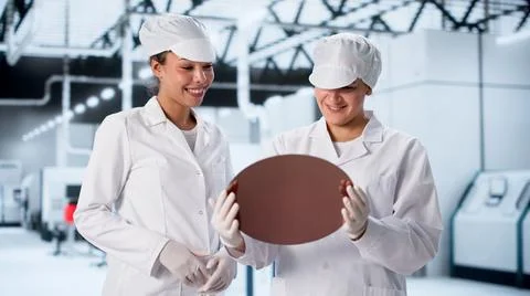 Female Engineers Analyzing Memory Chips In Futuristic Semiconductor Factory L Stock Photos