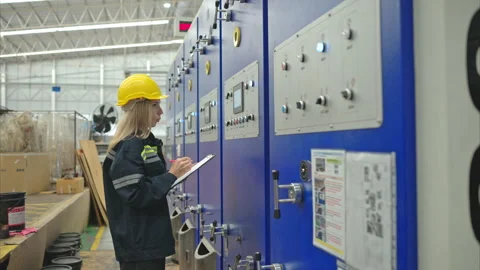 Female engineers check the operation of the machine Stock Footage 252896577