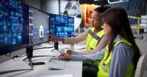 Female Engineers Model Satellite Technology Using 3D Technology On Screen Stock Photos