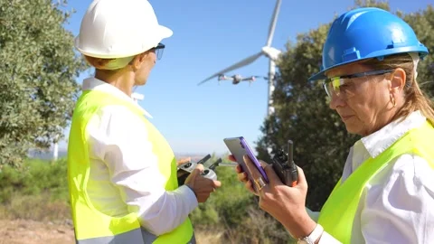 Female engineers operating a drone for wind turbine inspection Stock Footage 344563671