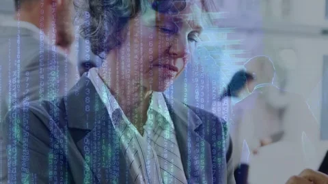 Female exec tapping tablet, initiating data streams blending with business, Stock Footage 334729203
