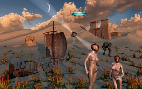 Female explorers study ancient Egyptian ruins and artifacts. Illustration