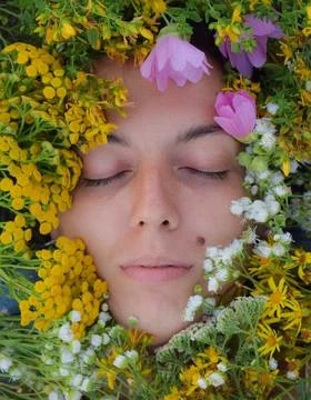 Female face adorned by a vibrant array of wildflowers and herbs Stock Photos