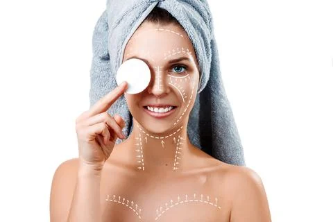 Female face close-up with pattern and arrows on a white background. The conce Stock Photos