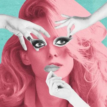 Female face with hands arranging features, surreal collage Stock Illustration