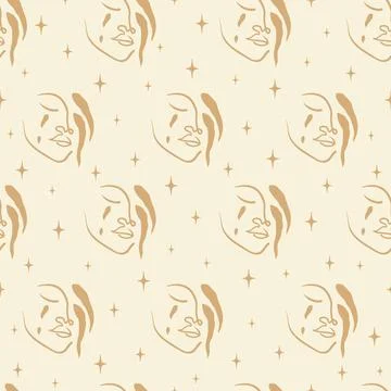 Female face seamless pattern. Aesthetic hand drawn vector line art simple sty Stock Illustration