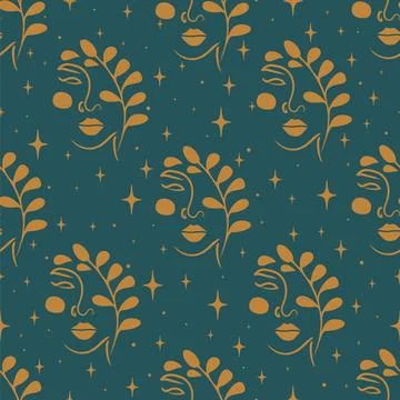 Female faces with natural elements seamless pattern. Continuous line patter.. Stock Illustration