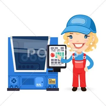 Female Factory Worker is Setting Up CNC Machine Stock Illustration