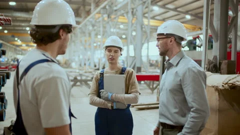 Female Factory Worker Talking with Two Male Colleagues in Industrial Warehouse Stock Footage 296265347