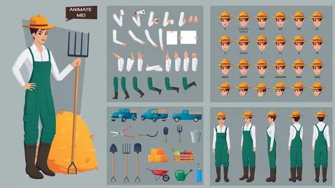 Female Farmer Character Constructor set with Various Gestures and Poses, Tools Stock Illustration