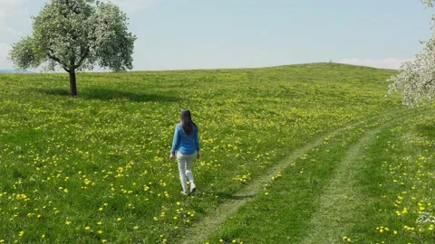 Female figure in the meadow. Mountains in the background. Stock Footage 130851908