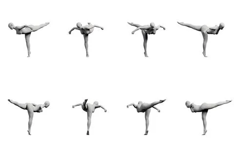Female figure model in balancing pose, 8-view studio collage Stock Illustration