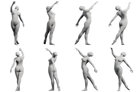 Female figure model in dynamic dance poses against white studio Stock Illustration