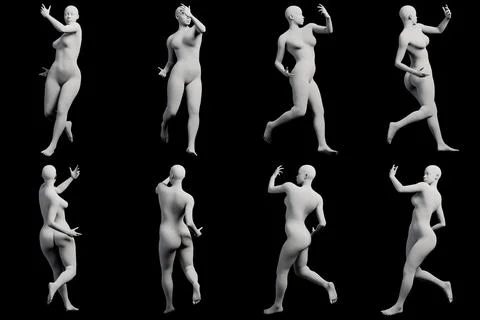 Female figure model in dynamic poses against black studio backdrop Stock Illustration