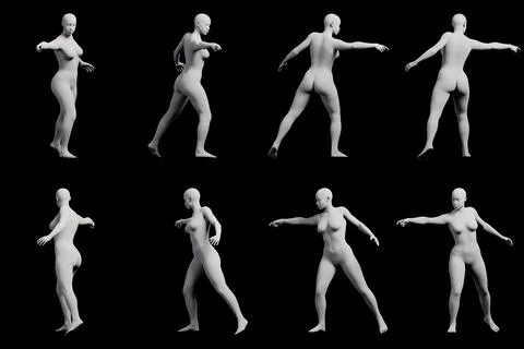 Female figure model in dynamic poses against black studio background Stock Illustration