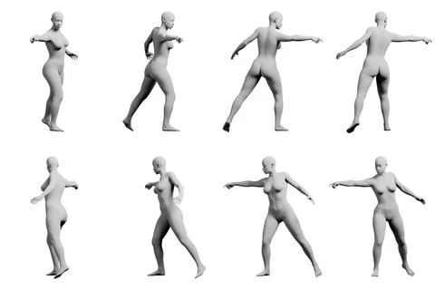 Female figure model in dynamic poses against white studio background Stock Illustration