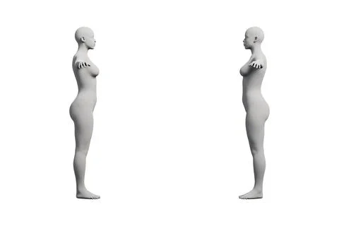 Female figure model standing with hands on hips in a white studio Stock Illustration