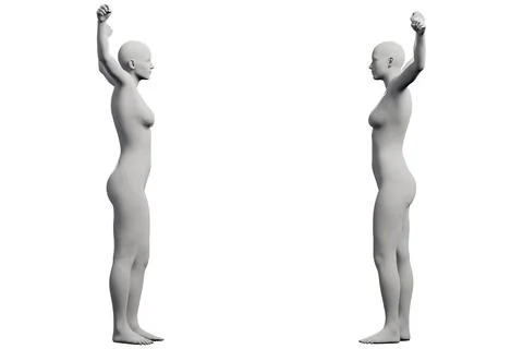Female figure model standing with raised arm in studio Stock Illustration