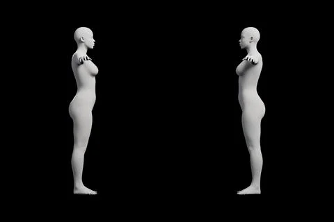 Female figure model standing in studio grid Stock Illustration